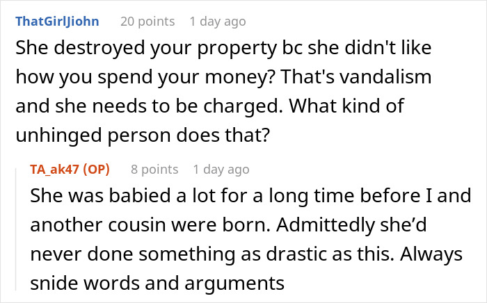 Screenshot of a Reddit conversation about a woman deciding to destroy a child's Christmas presents over charity concerns.