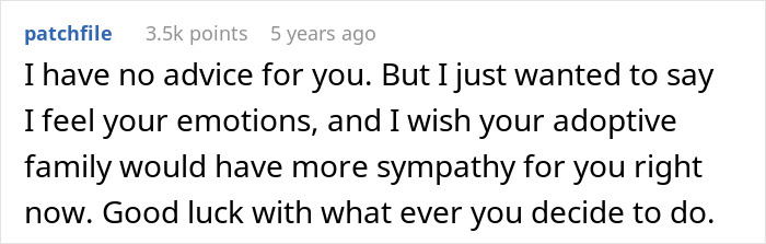 Screenshot of online comment expressing sympathy for woman seeking to reunite with bio family, facing adoptive parents' threats. Screenshot of online comment expressing sympathy for woman seeking to reunite with bio family, facing adoptive parents' threats.