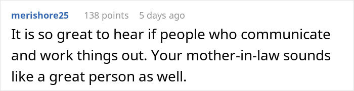 A social media comment praising communication and describing a mother-in-law as a great person.