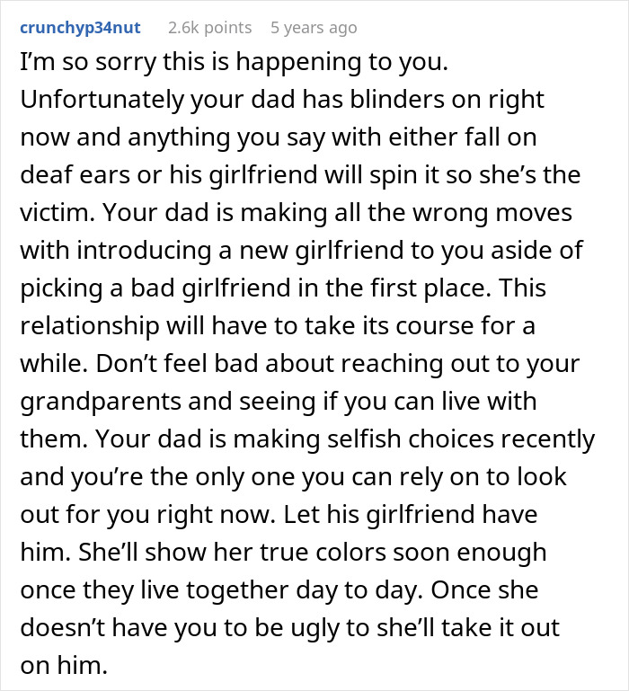 Teen leaves home after dad chooses girlfriend over her, raising concerns about adoption and family relationships.