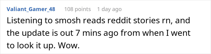 Reddit comment about listening to smosh reads stories and a recent update, shared by user Valiant_Gamer_48. Reddit comment about listening to smosh reads stories and a recent update, shared by user Valiant_Gamer_48.