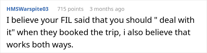 Screenshot of a Reddit comment discussing a MIL announcing she's coming on a couple’s vacation and getting outplayed. Screenshot of a Reddit comment discussing a MIL announcing she's coming on a couple’s vacation and getting outplayed.
