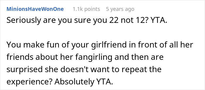 Comment criticizing a guy for mocking his girlfriend publicly over fangirling a K-Pop band and her reaction.