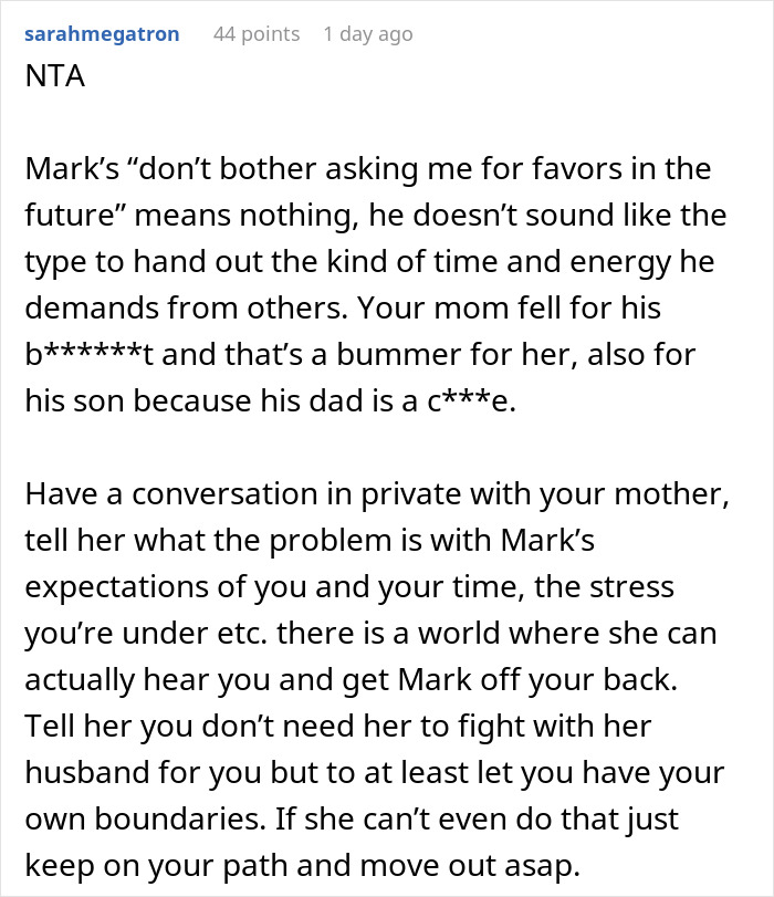 Reddit comment discussing boundaries and frustration when guy treats girlfriend’s son like a free babysitter unfairly.