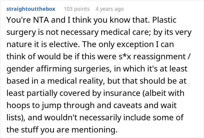 Comment discussing plastic surgery as elective and insurance coverage debated in a family health fund dispute. Comment discussing plastic surgery as elective and insurance coverage debated in a family health fund dispute.