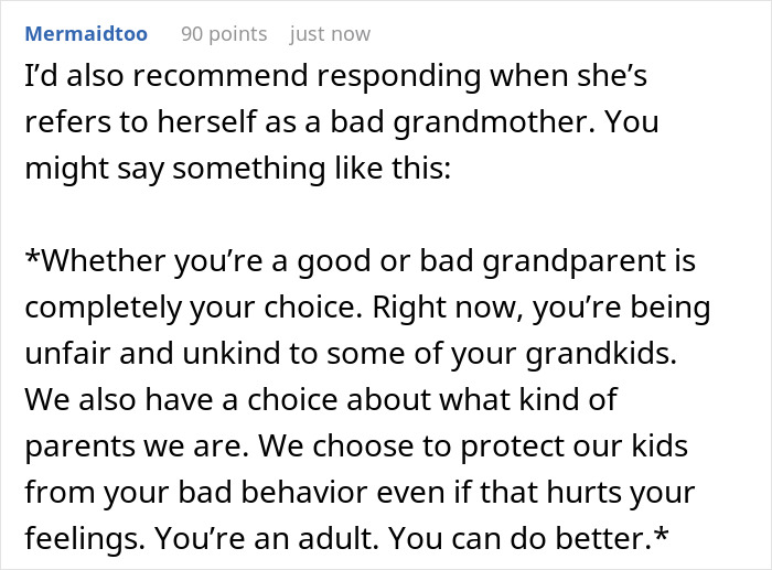 Comment advising how to respond to a grandmother admitting favoritism, addressing unfair treatment of grandchildren. Comment advising how to respond to a grandmother admitting favoritism, addressing unfair treatment of grandchildren.