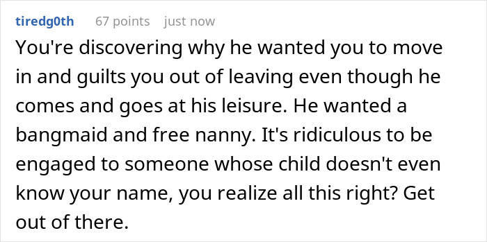 Comment discussing issues with fiance babysitting daughter, describing control and unequal family dynamics in a hunting context. Comment discussing issues with fiance babysitting daughter, describing control and unequal family dynamics in a hunting context.