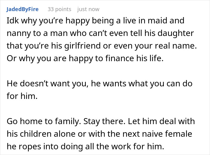 Comment discussing a fiance babysitting daughter, highlighting emotional labor and relationship concerns in an online forum. Comment discussing a fiance babysitting daughter, highlighting emotional labor and relationship concerns in an online forum.