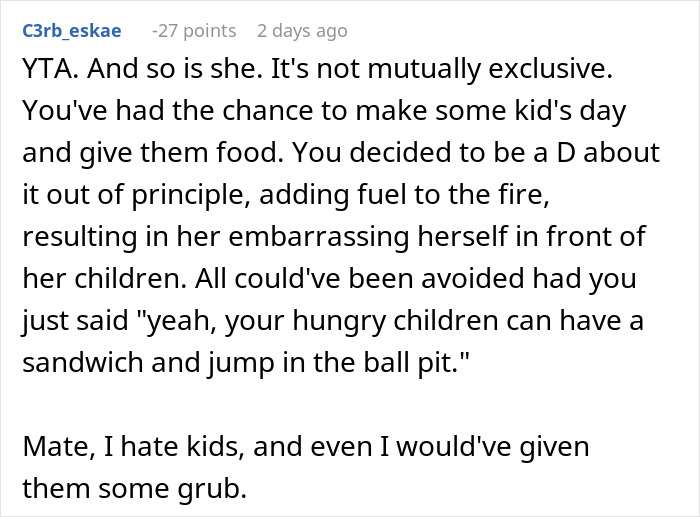 Alt text: Online comment criticizing entitled mother raising hell after being denied food and entrance at private party.
