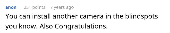 Text comment discussing installing another camera in blindspots and offering congratulations in an online forum.