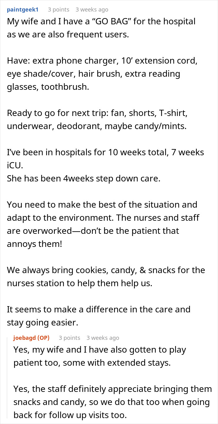 Text post discussing patient tips and advice on hospital stays and interactions with busy ER staff. Text post discussing patient tips and advice on hospital stays and interactions with busy ER staff.