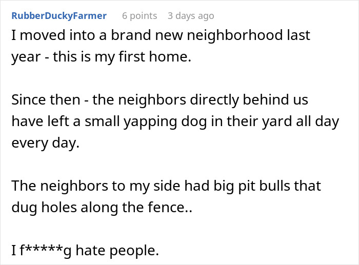 User complaining about neighbors who can't keep their dogs quiet, mentioning yapping dog and pit bulls causing damage. User complaining about neighbors who can't keep their dogs quiet, mentioning yapping dog and pit bulls causing damage.