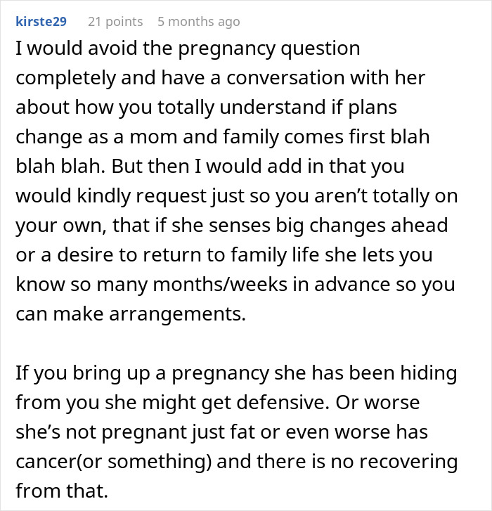 Screenshot of an online comment discussing whether a boss should ask an employee if she’s pregnant in a right to fire state.
