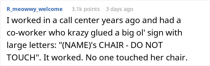 Screenshot of a Reddit comment describing a strict “Do Not Touch” sign on a $1.8K office chair causing workplace tension.