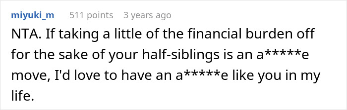 Screenshot of a comment defending a woman accused by stepdad of flexing her wealth after giving stepsiblings cars and cash. Screenshot of a comment defending a woman accused by stepdad of flexing her wealth after giving stepsiblings cars and cash.