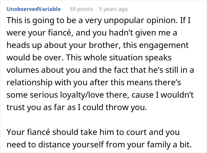 Screenshot of a forum comment discussing a fiancé threatening legal action against the bride’s brother, causing family conflict. Screenshot of a forum comment discussing a fiancé threatening legal action against the bride’s brother, causing family conflict.