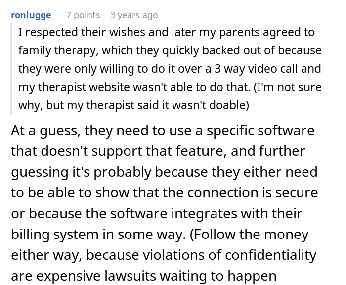 Screenshot of an online discussion about family therapy challenges involving an autistic brother and entitled parents ignoring behavior concerns.