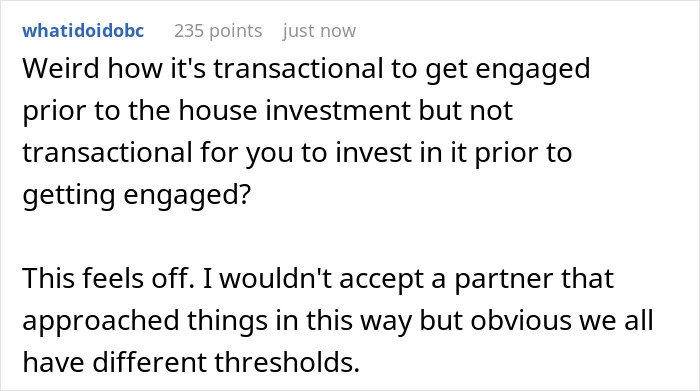 Alt text: Reddit comment discussing girlfriend not financing boyfriend’s $100k renovation without a ring and views on marriage as transaction Alt text: Reddit comment discussing girlfriend not financing boyfriend’s $100k renovation without a ring and views on marriage as transaction