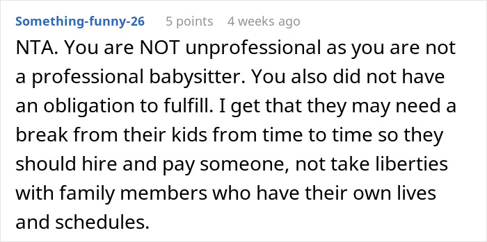 Comment about a younger sister refusing free babysitting on demand after years of expectation from an older lady.