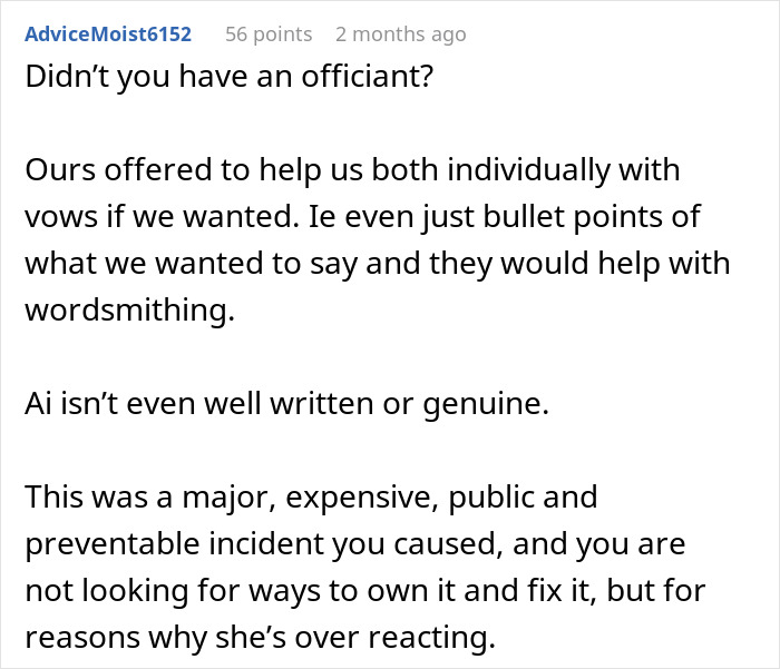 Comment criticizing use of AI-written wedding vows, calling them unoriginal and causing a public incident. Comment criticizing use of AI-written wedding vows, calling them unoriginal and causing a public incident.