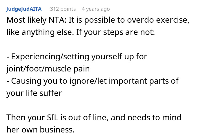 Text post discussing an avid walker doing 20K steps daily and facing criticism from her sister-in-law SIL. Text post discussing an avid walker doing 20K steps daily and facing criticism from her sister-in-law SIL.