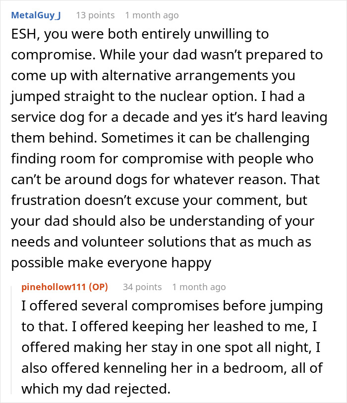 Online discussion about woman and service dog causing Thanksgiving drama and struggles with family compromise and understanding. Online discussion about woman and service dog causing Thanksgiving drama and struggles with family compromise and understanding.