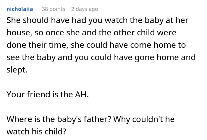 Comment discussing babysitting challenges and a mom’s panic during overnight childcare by a friend.