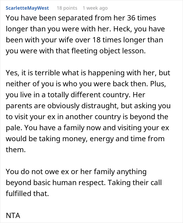 Comment discussing a man refusing to visit his terminally ill ex-girlfriend who cheated on him, with friends calling him heartless.
