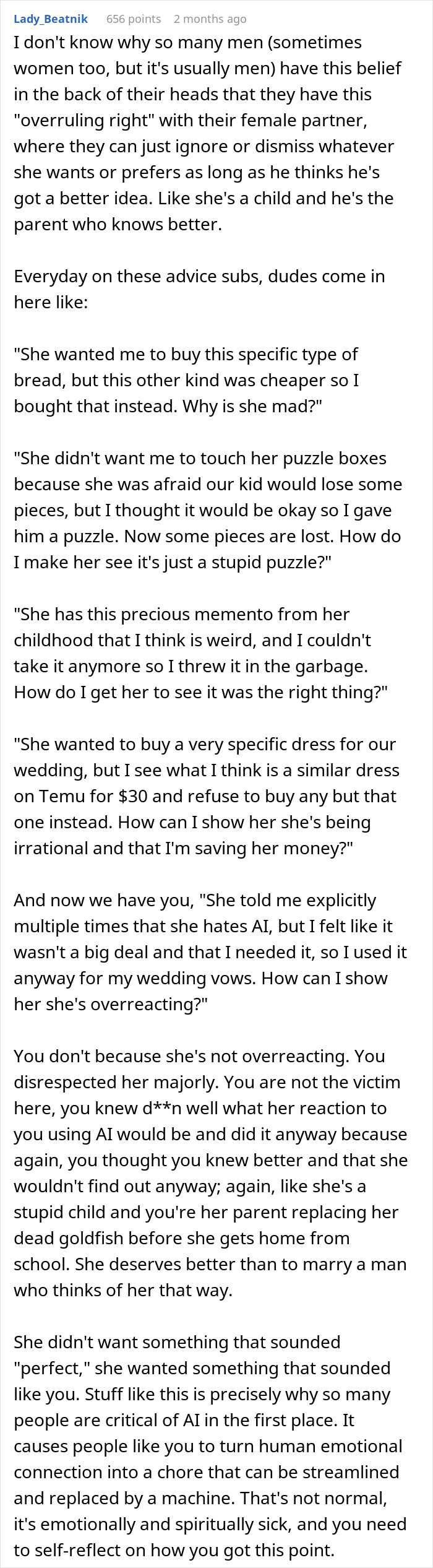 Text excerpt discussing relationship issues and emotional disconnect caused by using AI for wedding vows and human connection. Text excerpt discussing relationship issues and emotional disconnect caused by using AI for wedding vows and human connection.