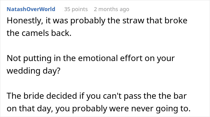 Comment discussing emotional effort in wedding vows after a guy uses ChatGPT, with the bride running away from the altar. Comment discussing emotional effort in wedding vows after a guy uses ChatGPT, with the bride running away from the altar.
