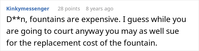 Comment discussing lawsuit over kids using neighbor’s yard without permission leading to injury and legal action.