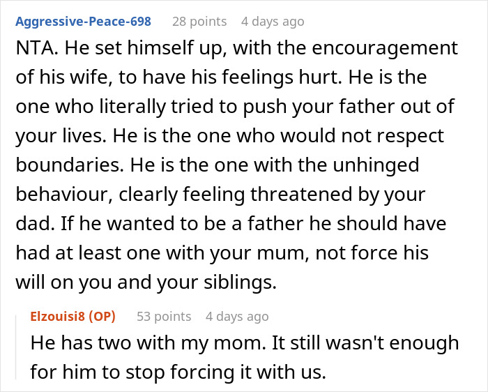 Reddit thread showing users discussing stepdad trying to displace kids’ bio dad and failing to gain their acceptance. Reddit thread showing users discussing stepdad trying to displace kids’ bio dad and failing to gain their acceptance.