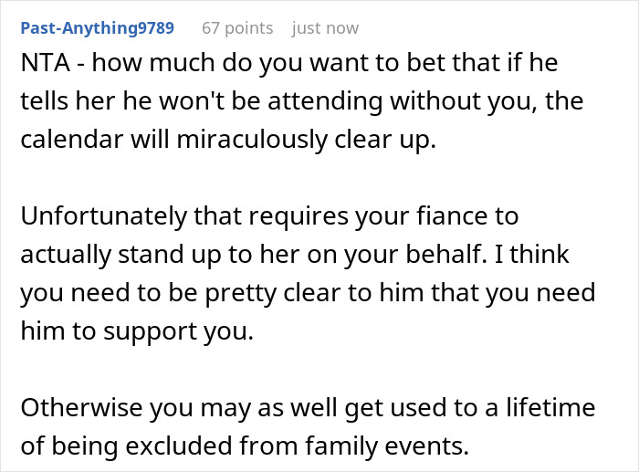 Text comment discussing future MIL scheduling family events during working days and the need for fiancé support. Text comment discussing future MIL scheduling family events during working days and the need for fiancé support.