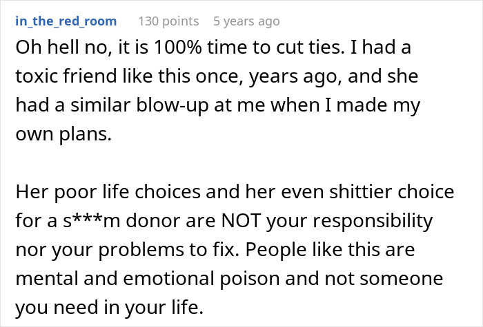 Screenshot of a Reddit comment discussing a toxic friend who doesn't understand boundaries with clingy children on vacation. Screenshot of a Reddit comment discussing a toxic friend who doesn't understand boundaries with clingy children on vacation.