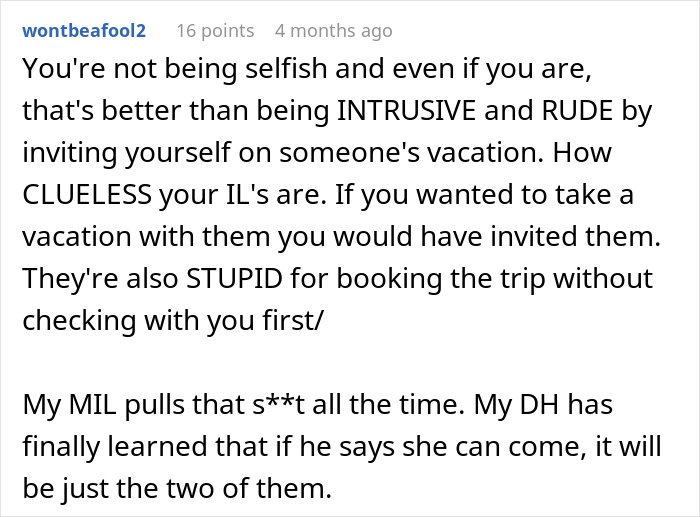 Text conversation discussing MIL coming on vacation uninvited and the couple handling the situation with the mother-in-law. Text conversation discussing MIL coming on vacation uninvited and the couple handling the situation with the mother-in-law.