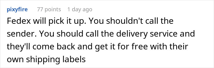 Comment text about Fedex pickup, delivery service, and shipping labels related to company sending packages to wrong address issue.