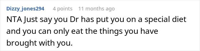 Comment discussing avoiding hazardous cooking by following a special diet and eating only brought food. Comment discussing avoiding hazardous cooking by following a special diet and eating only brought food.