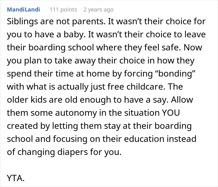 Comment discussing a woman asking stepchildren to stay home instead of at their boarding school. Comment discussing a woman asking stepchildren to stay home instead of at their boarding school.