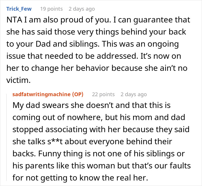 Screenshot of a Reddit conversation discussing family conflict and behavior issues related to stepdaughter’s sexuality and Thanksgiving tensions. Screenshot of a Reddit conversation discussing family conflict and behavior issues related to stepdaughter’s sexuality and Thanksgiving tensions.