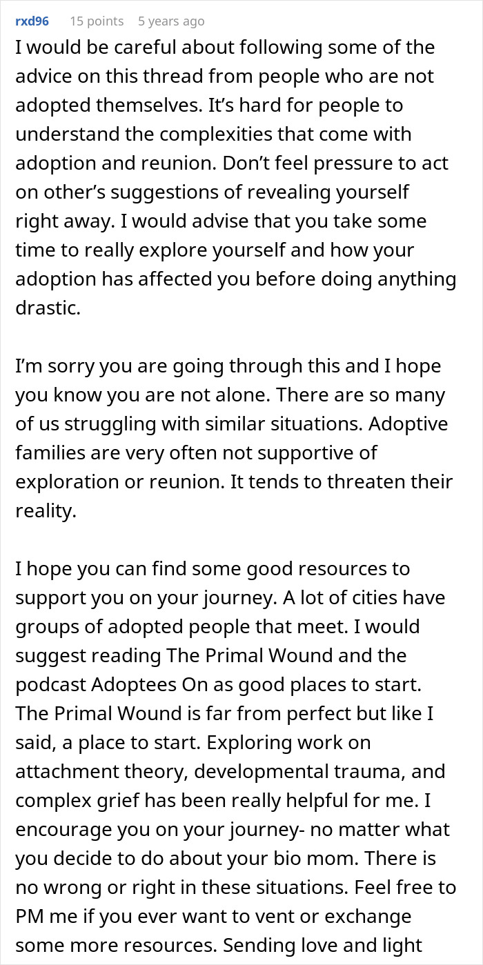 Comment discussing the complexities of adoption reunion and challenges with adoptive parents when seeking bio family contact. Comment discussing the complexities of adoption reunion and challenges with adoptive parents when seeking bio family contact.