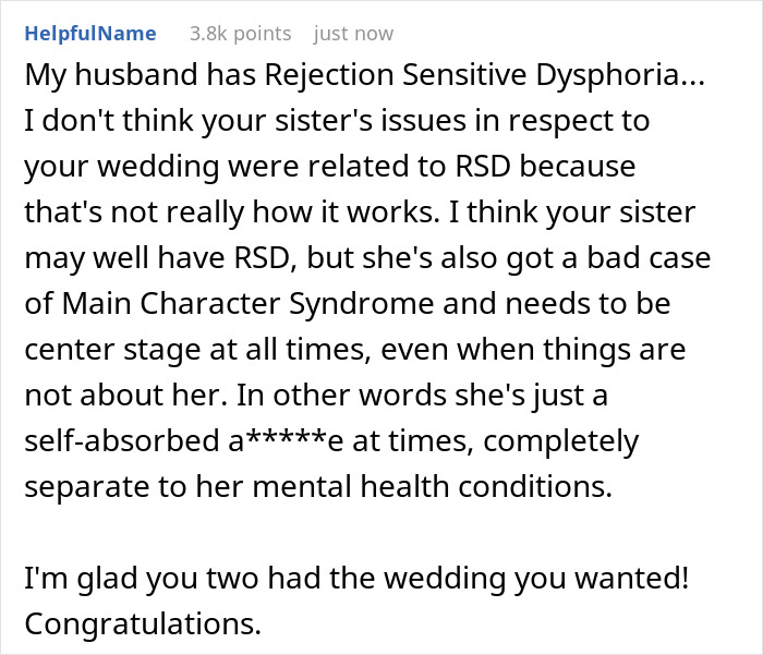 Social media post discussing rejection sensitive dysphoria in family conflict over big wedding plans. Social media post discussing rejection sensitive dysphoria in family conflict over big wedding plans.
