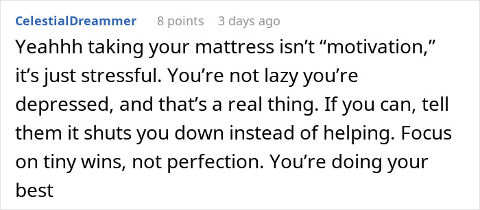 Screenshot of a social media comment discussing parents removing daughter&rsquo;s mattress to address depression.