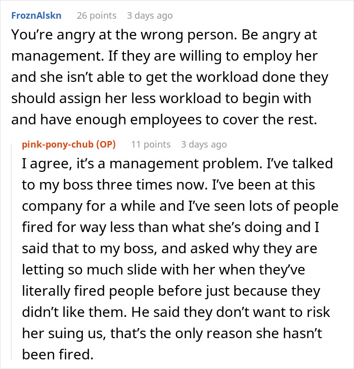 Alt text: Online discussion about a woman eating what she shouldn’t and coworker facing consequences at work. Alt text: Online discussion about a woman eating what she shouldn’t and coworker facing consequences at work.