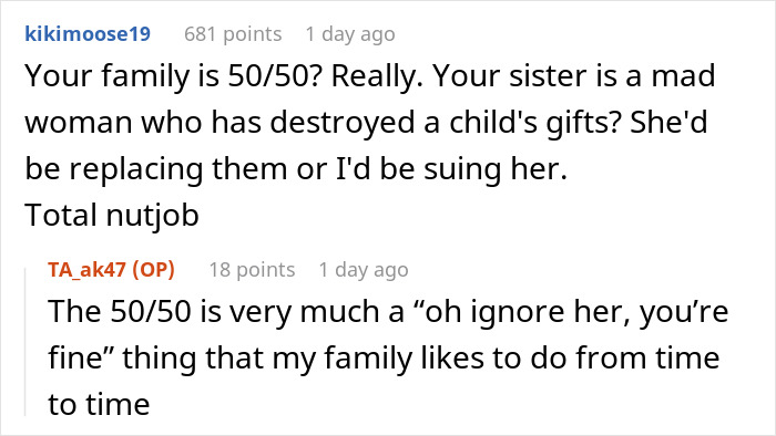 Screenshot of an online discussion about a woman destroying a child's Christmas presents over charity efforts dispute. Screenshot of an online discussion about a woman destroying a child's Christmas presents over charity efforts dispute.