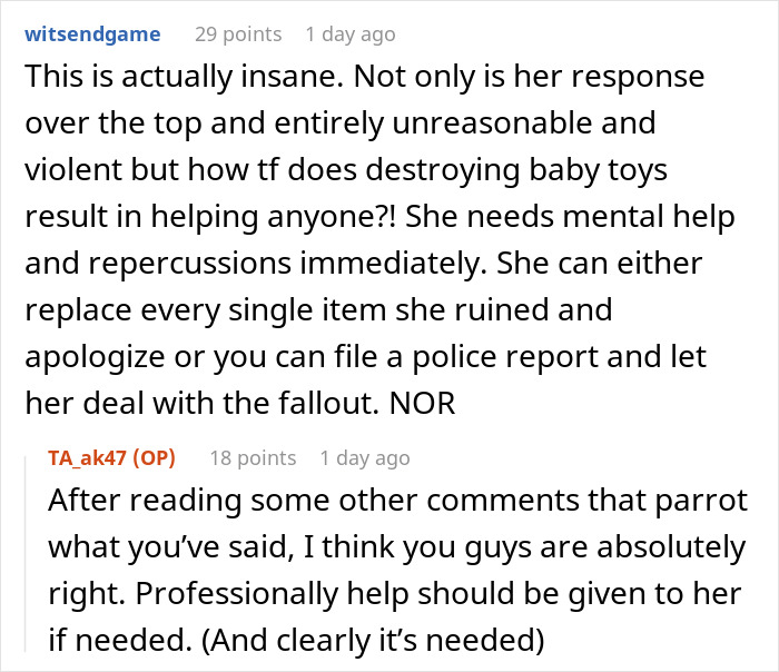 Reddit comments discussing woman destroying child&rsquo;s Christmas presents over sister&rsquo;s charity efforts, calling for mental help.