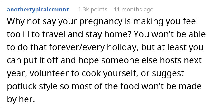 Screenshot of a forum comment suggesting a pregnant woman avoid hazardous MIL cooking by staying home or hosting a potluck. Screenshot of a forum comment suggesting a pregnant woman avoid hazardous MIL cooking by staying home or hosting a potluck.