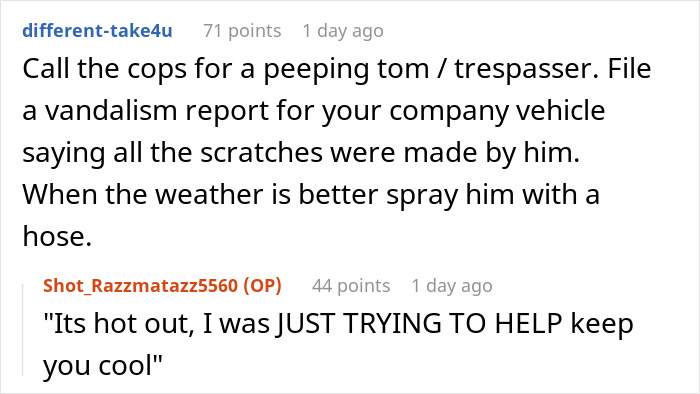 Screenshot of a Reddit conversation about a neighbor coming over early and a lady using her car panic alarm in revenge.