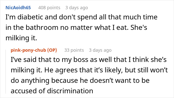 Alt text: Online comments about a woman eating what she shouldn’t and a coworker dealing with the consequences.