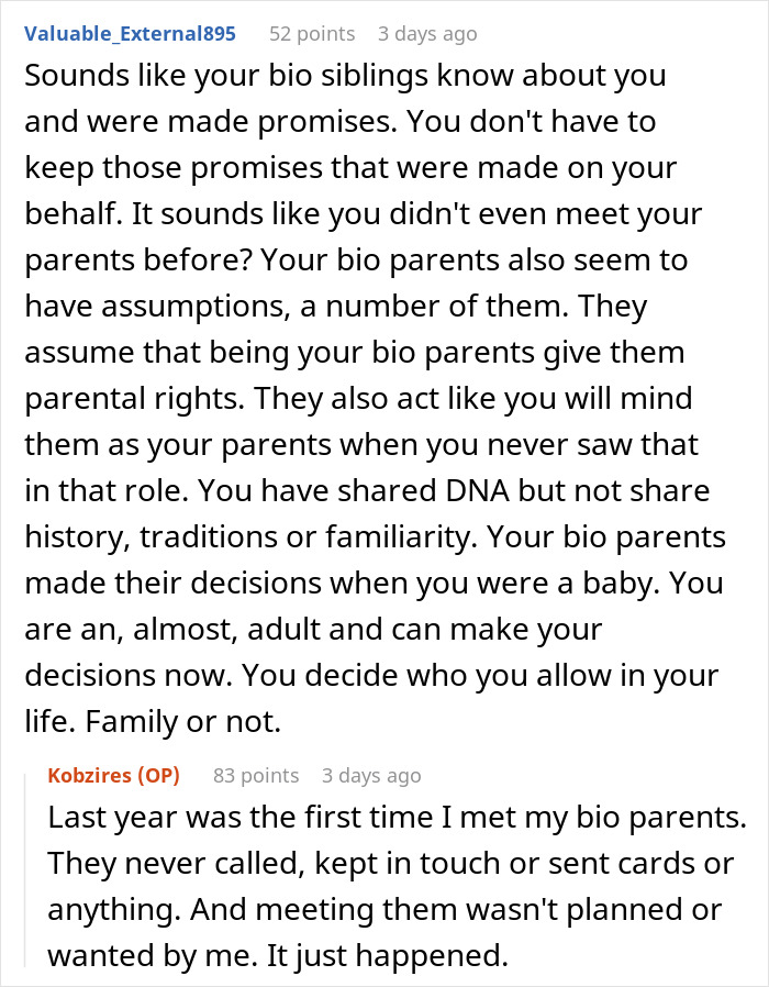 Comment discussing parents wanting their abandoned son to reconnect and play happy family with siblings after 17 years. Comment discussing parents wanting their abandoned son to reconnect and play happy family with siblings after 17 years.