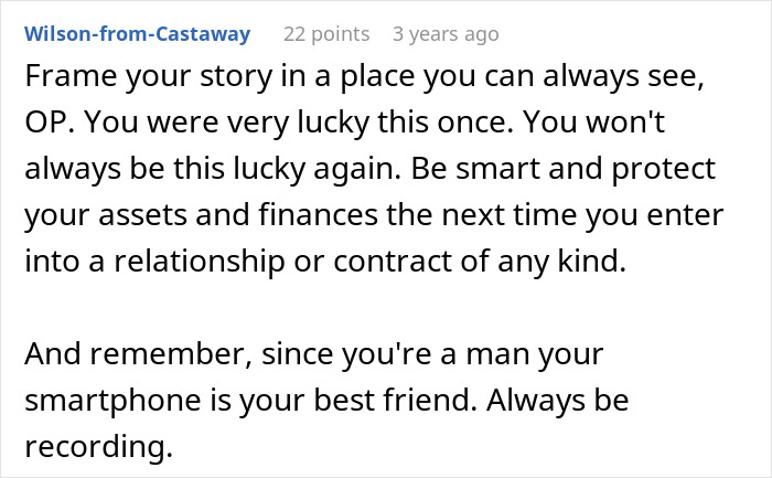 Screenshot of an online comment advising a man happy ex wife caught cheating to protect finances and always record.